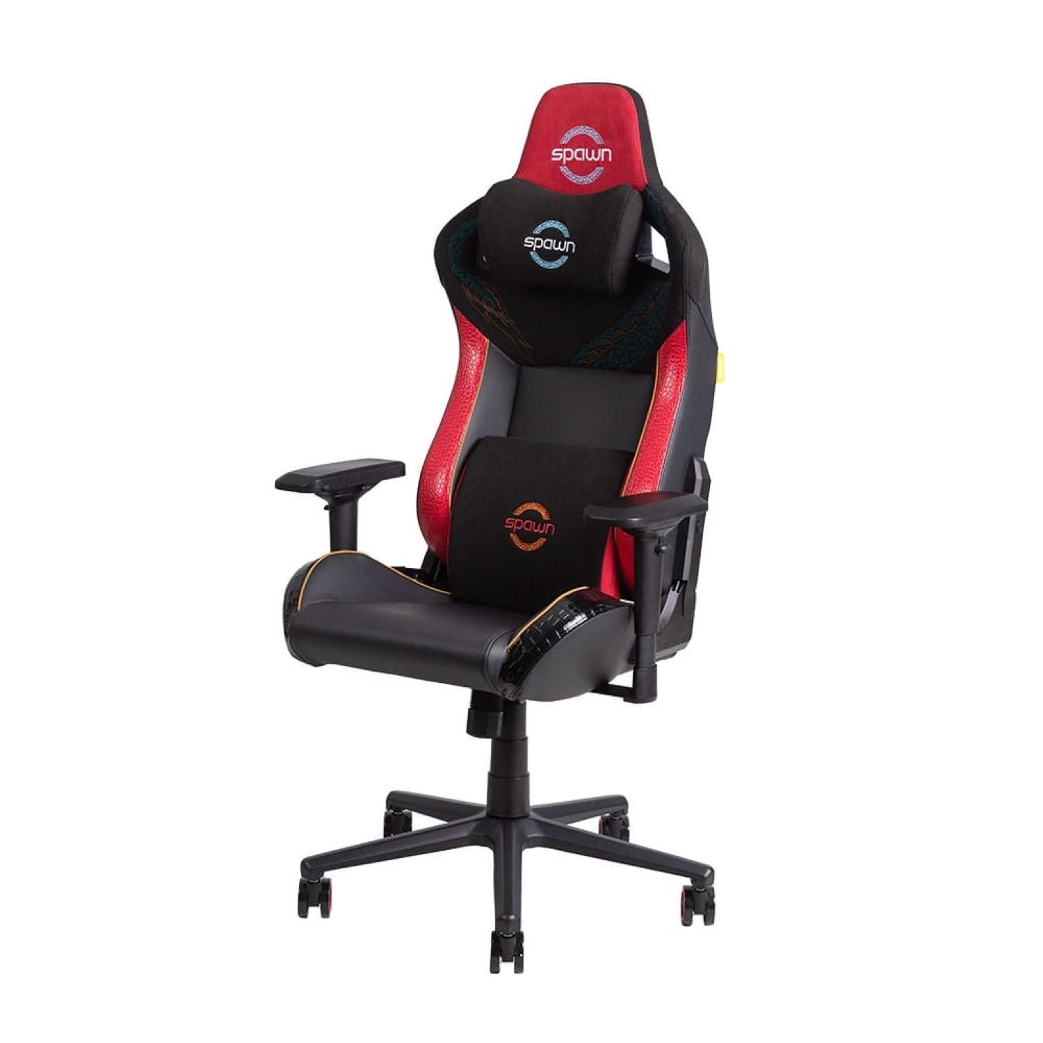 Der Spawn Gaming Stuhl "Dragon" von Spawn ist ein schwarz-roter ergonomischer Stuhl mit verstellbaren 4D-Armlehnen, Kopfstütze, Lendenkissen mit Spawn-Logo und einem stabilen Fünf-Rad-Fuß.