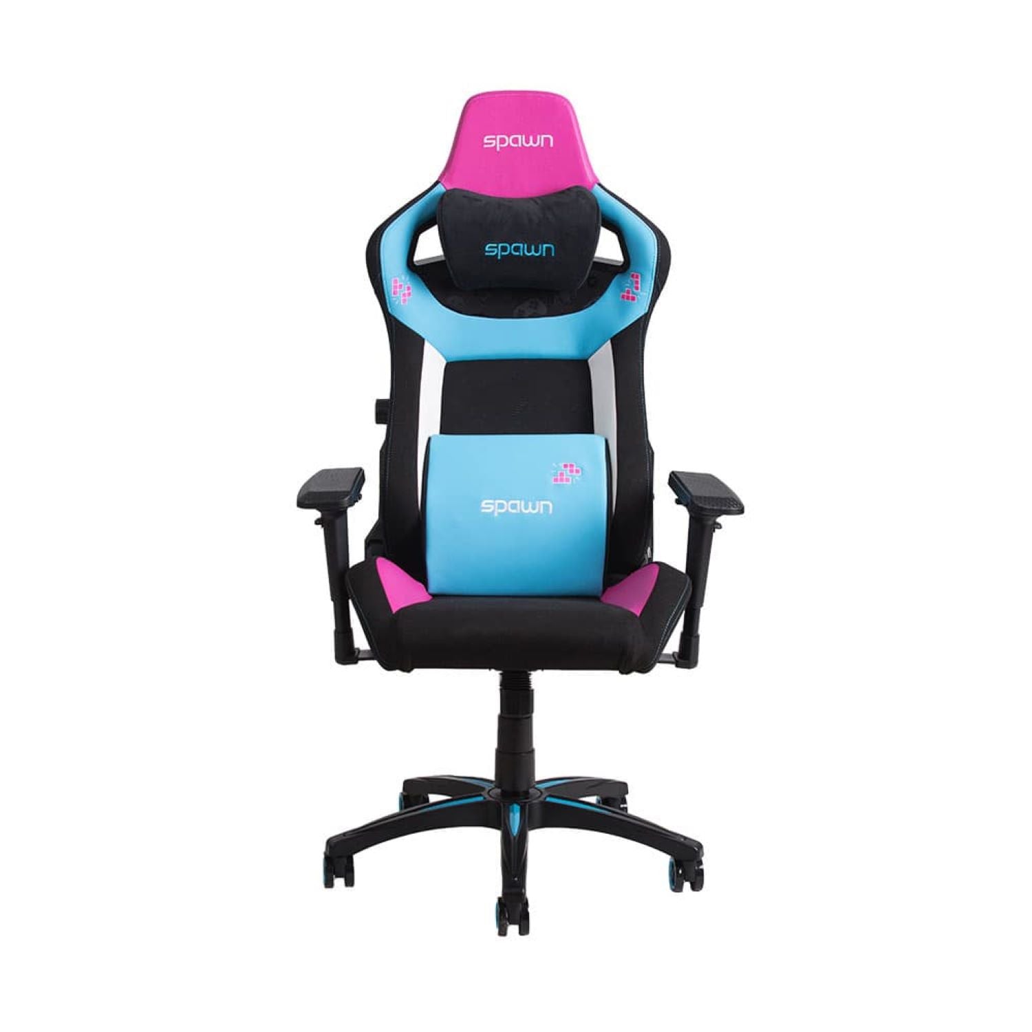 Der Spawn Gaming Stuhl "Neon" von Spawn verfügt über eine hohe Rückenlehne, eine Kopfstütze, 4D-Armlehnen, ein schwarz/rosa/hellblaues Design, "Spawn"-Labels auf der Kopfstütze und dem Rückenkissen und ein magnetisches Memory-Schaumkissen für zusätzlichen Komfort.