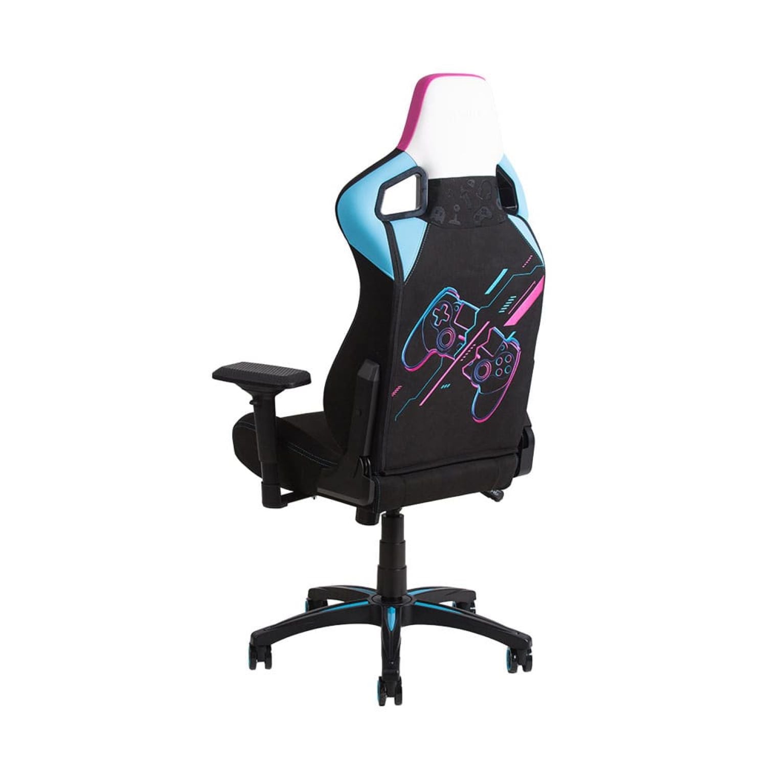 Der Spawn Gaming Stuhl "Neon" von Spawn ist ein schwarzer Stuhl mit weißen, blauen und rosafarbenen Akzenten, zwei großen Controller-Grafiken und abstrakten Linien auf der Rückenlehne (von hinten gesehen) und verfügt über 4D-Armlehnen für anpassbaren Komfort.