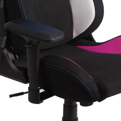 Nahaufnahme des Spawn Gaming Stuhls "Neon" von Spawn: schwarzer Stuhl mit rosafarbenem Sitzkissen, weißem Rückenlehnenstreifen, blauen Nähten, verstellbaren 4D-Armlehnen, höhenverstellbarem Hebel und magnetischem Memory-Foam-Kissen.