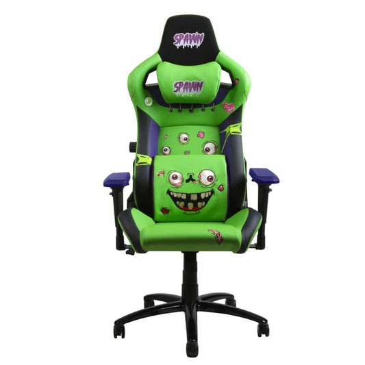 Der Spawn Gaming Stuhl "Zombie" von Spawn hat ein grünes und schwarzes Design mit lila Akzenten, Cartoon-Monster-Augen und einem grinsenden Mund auf der Rückenlehne, plus 4D-Armlehne für anpassbaren Komfort.