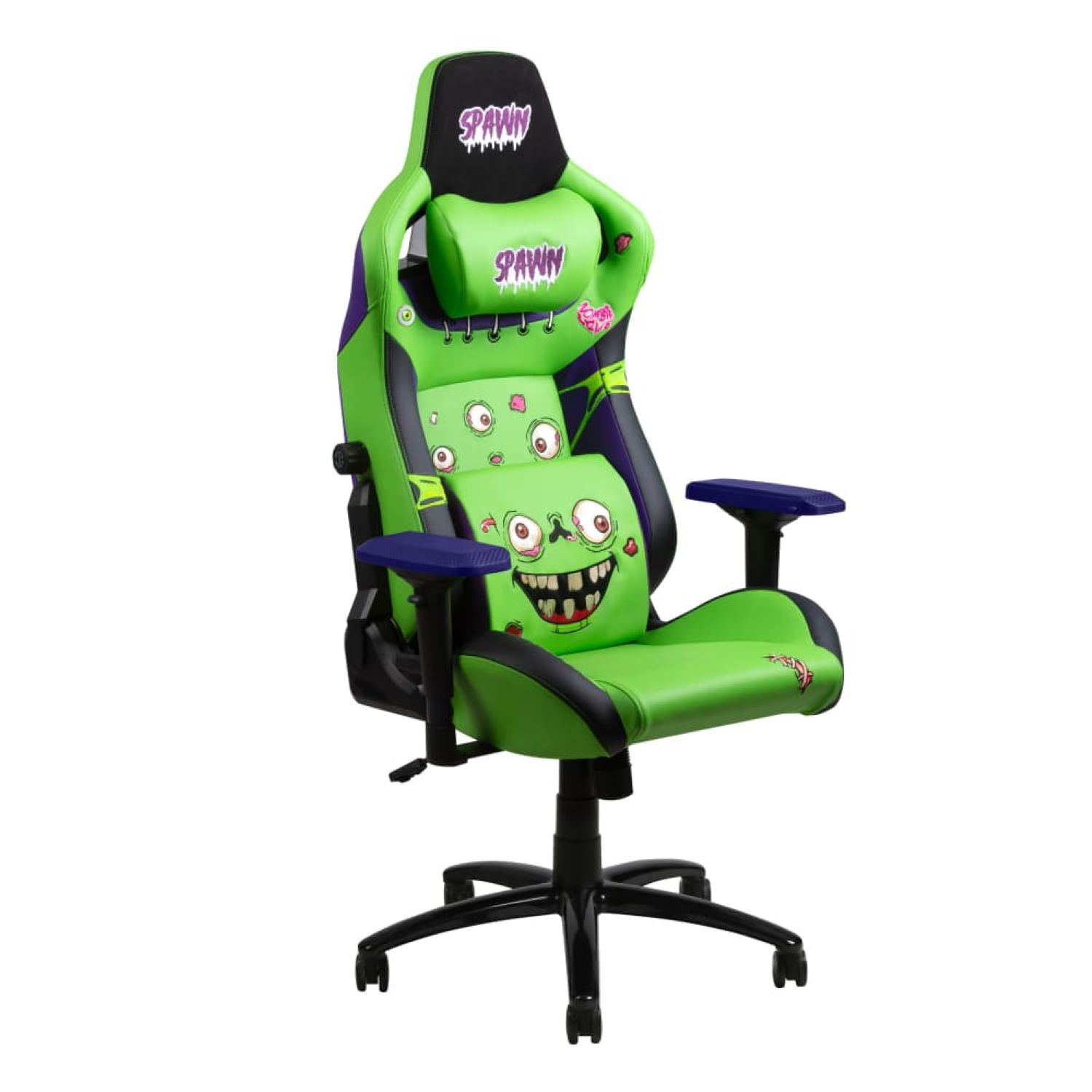 Der Spawn Gaming Stuhl "Zombie" von Spawn verfügt über ein leuchtend grünes Cartoon-Monster-Design mit mehreren Augen, einem breiten Mund, SPAWN-Branding, 4D-Armlehne, verstellbare Armlehnen, hohe Rückenlehne und ein schwarzes Rollgestell für einfache Bewegung.