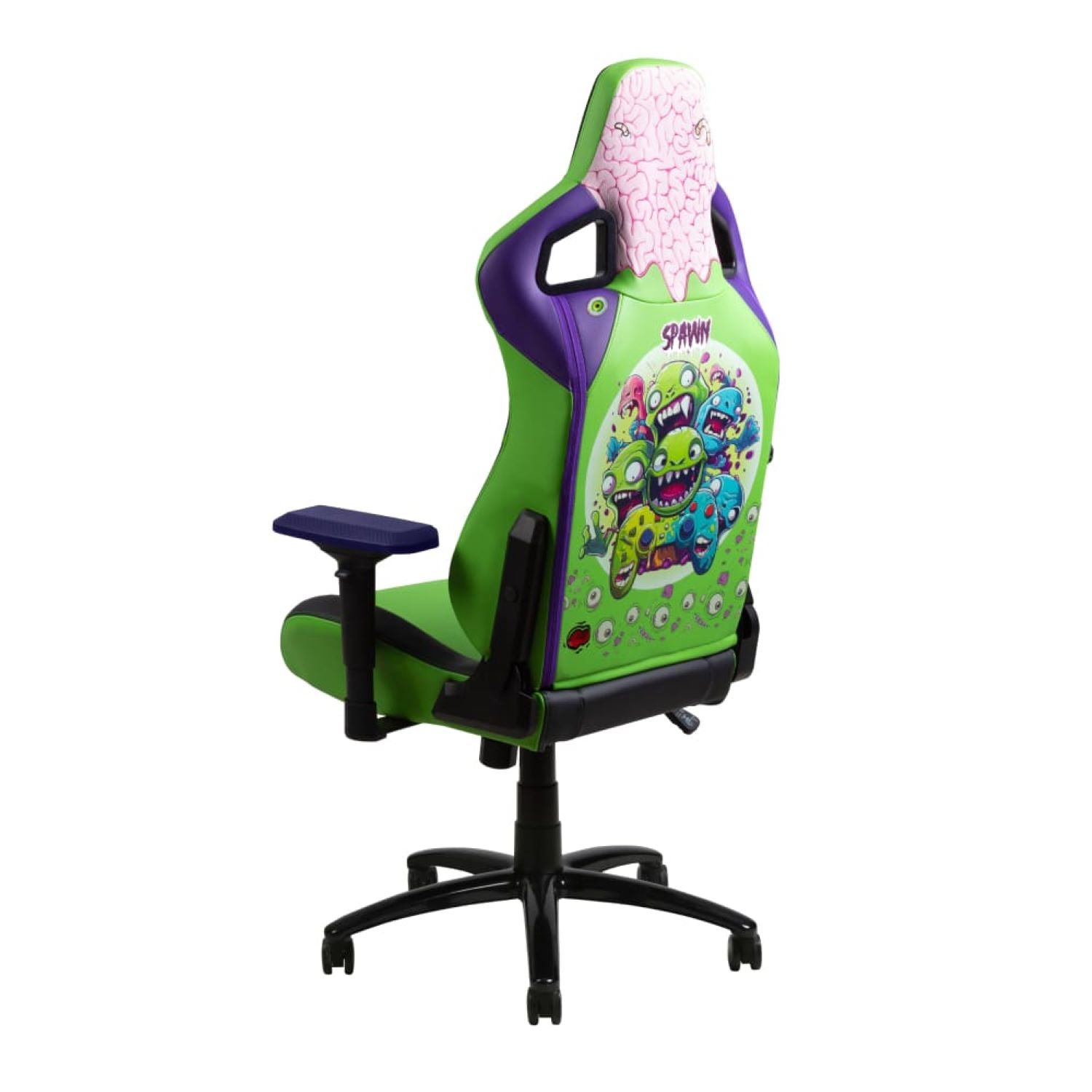 Der Spawn Gaming Stuhl "Zombie" von Spawn hat ein grünes und violettes Design, eine hohe Rückenlehne mit bunter Cartoon-Gehirn- und Monstergrafik, eine 4D-Armlehne für verstellbaren Komfort und ein stabiles schwarzes Gestell mit fünf Rädern.