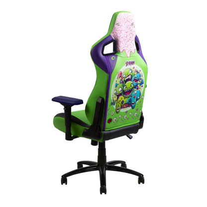 Der Spawn Gaming Stuhl "Zombie" von Spawn hat ein grünes und violettes Design, eine hohe Rückenlehne mit bunter Cartoon-Gehirn- und Monstergrafik, eine 4D-Armlehne für verstellbaren Komfort und ein stabiles schwarzes Gestell mit fünf Rädern.