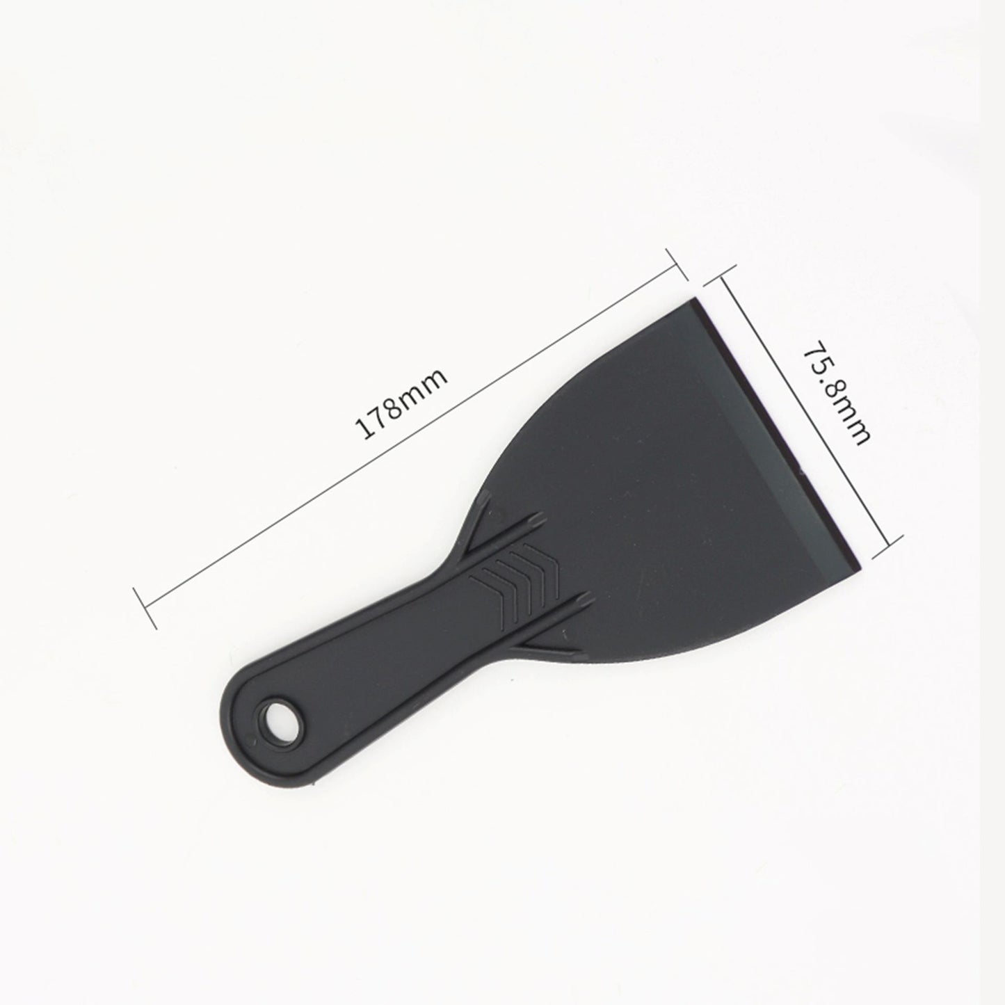 Ein schwarzer Kunststoffschaber aus dem HC Home & Living Kunststoffschaber 3er Set (Klinge: 178mm x 75,8mm) ist auf weißem Hintergrund abgebildet - ideal als vielseitiger Haushaltsschaber für verschiedene Reinigungsaufgaben.