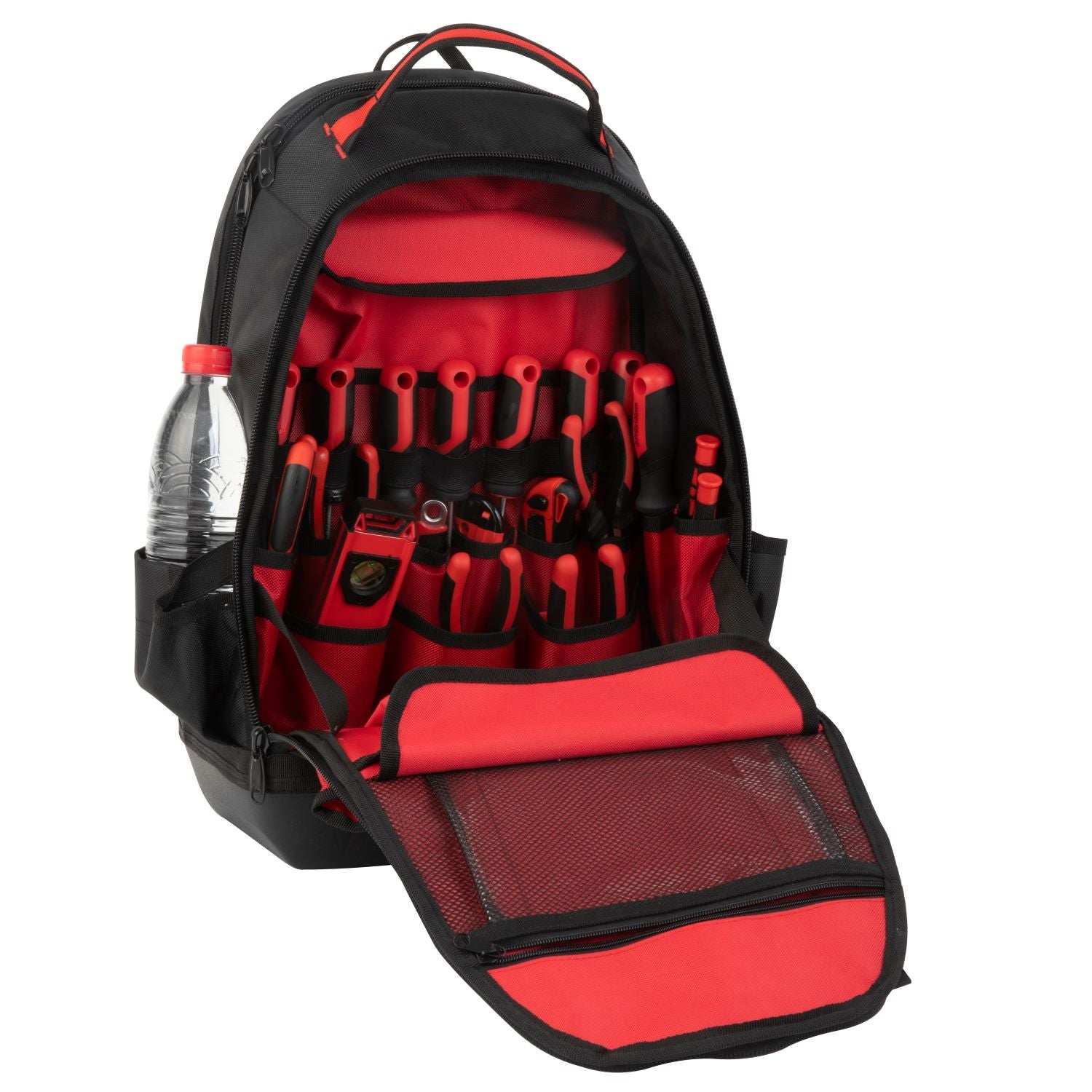 Der HC Tools Premium Werkzeugrucksack in Schwarz und Rot verfügt über mehrere Fächer und übersichtlich angeordnete HC Tools mit roten Griffen im Inneren sowie eine Wasserflasche in der Seitentasche.