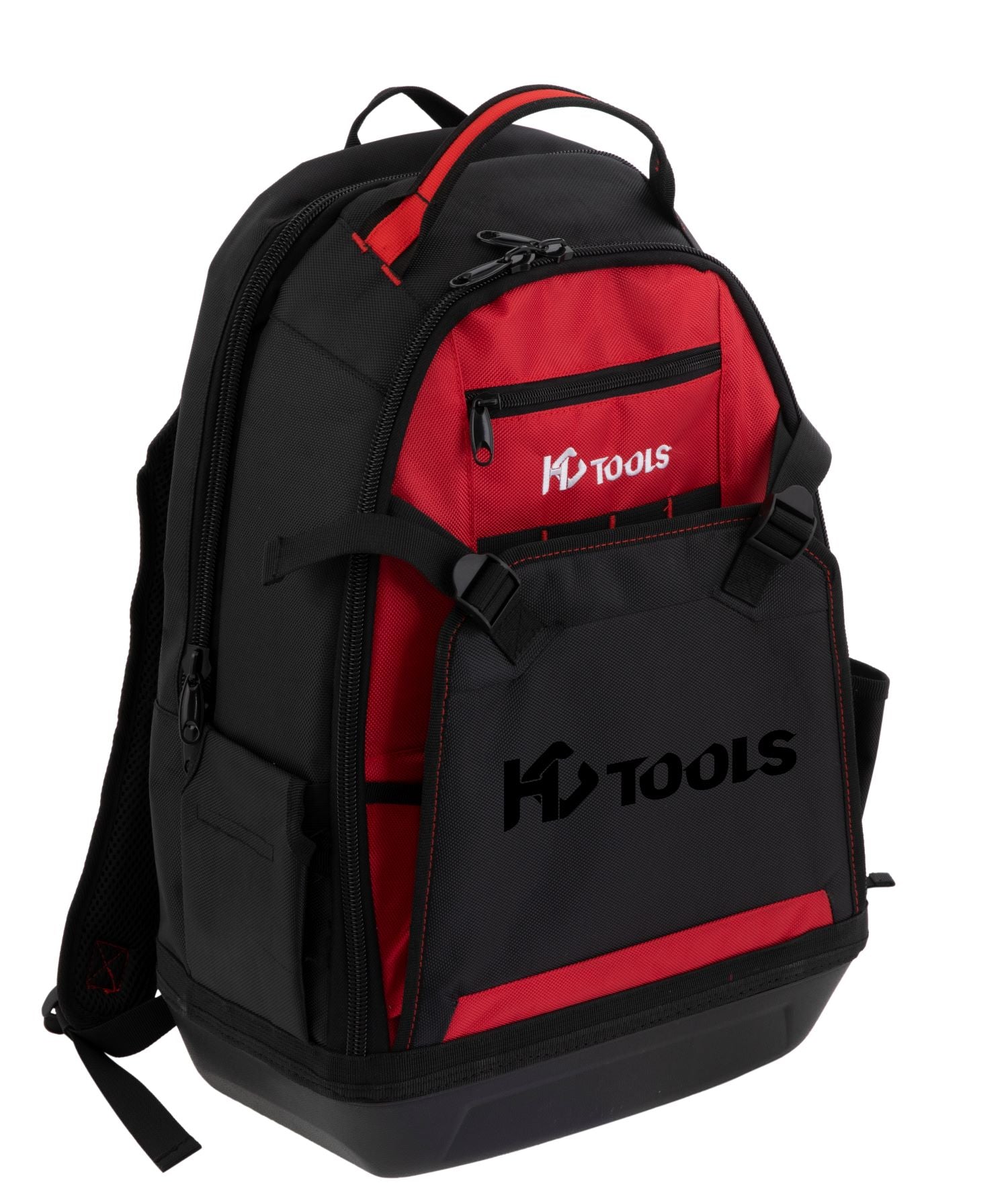 Ein schwarz-roter Premium-Werkzeugrucksack von HC Tools mit mehreren Reißverschlussfächern, Branding auf der oberen Fronttasche und der unteren Platte. Er verfügt über gepolsterte Gurte und einen stabilen Boden für komfortables, zuverlässiges Tragen.