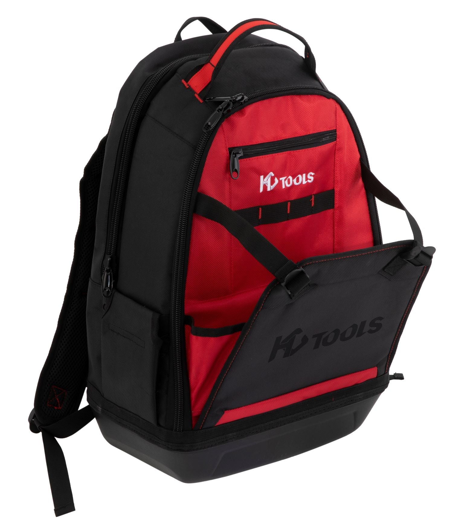 Ein schwarz-roter Premium Werkzeugrucksack von HC Tools mit einem offenen Frontfach, das mehrere Staufächer offenbart. Die Tasche trägt das HC Tools-Branding auf der Vordertasche und der Klappe.