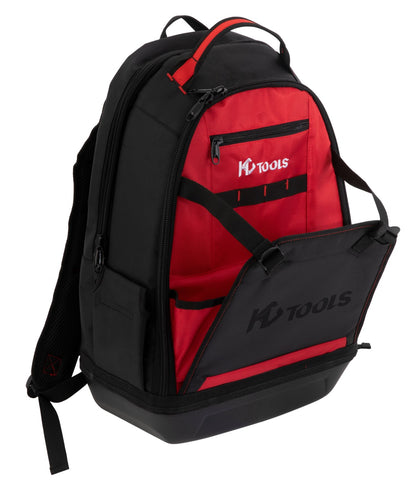 Ein schwarz-roter Premium Werkzeugrucksack von HC Tools mit einem offenen Frontfach, das mehrere Staufächer offenbart. Die Tasche trägt das HC Tools-Branding auf der Vordertasche und der Klappe.