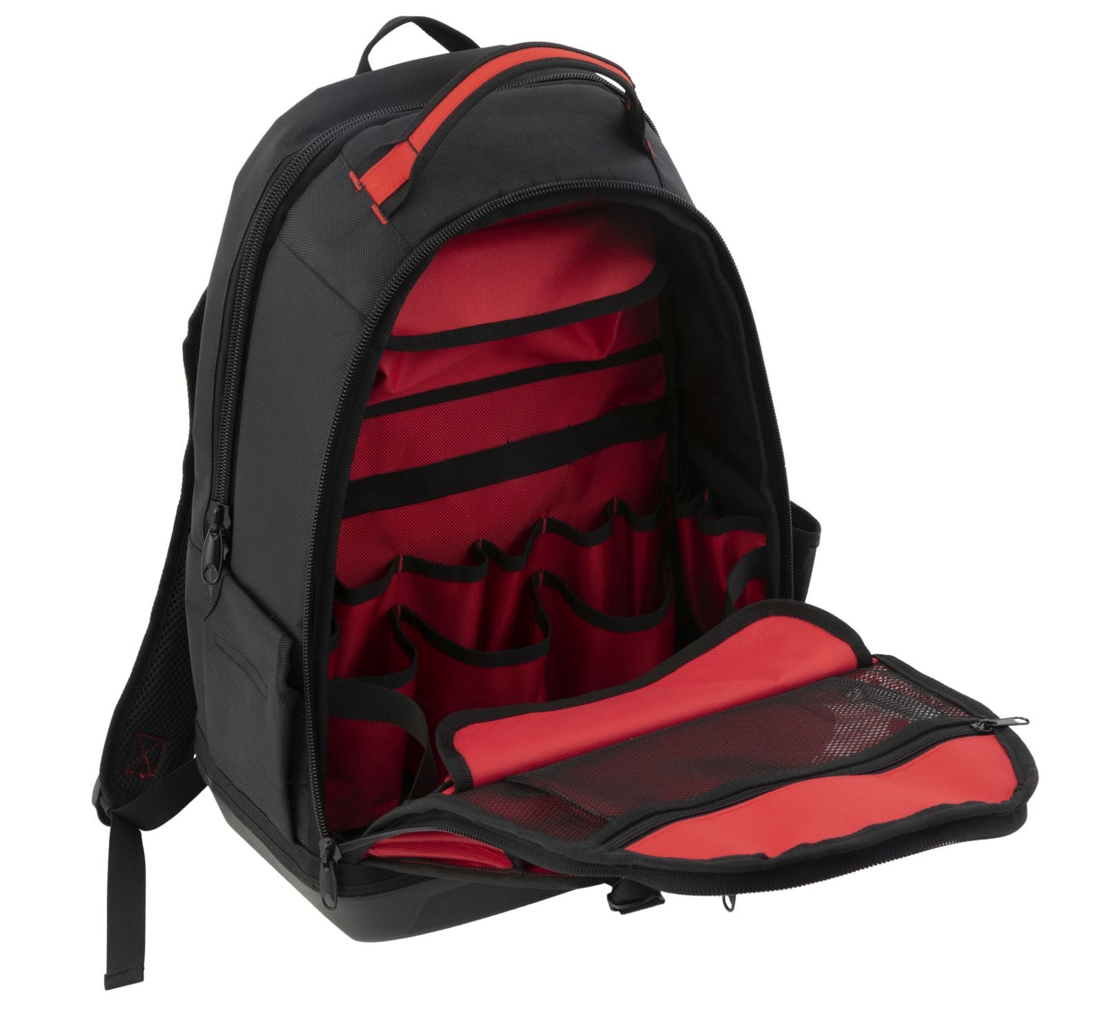 Der HC Tools Premium Werkzeugrucksack, schwarz mit roter Innenausstattung, wird geöffnet gezeigt, wobei die Hauptklappe vollständig geöffnet und flach hingelegt ist, so dass mehrere Fächer, Taschen und Reißverschlusstaschen für eine organisierte Aufbewahrung sichtbar werden.