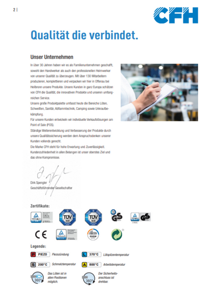 Eine deutsche Firmenprofilseite der CFH Löt- und Gasgeräte GmbH mit dem Titel "Qualität die verbindet" hebt die CFH Lötlampe PZO 7000 - 52192 hervor, enthält eine Unterschrift, Zertifizierungslogos und zeigt das blaue CFH-Logo oben rechts.