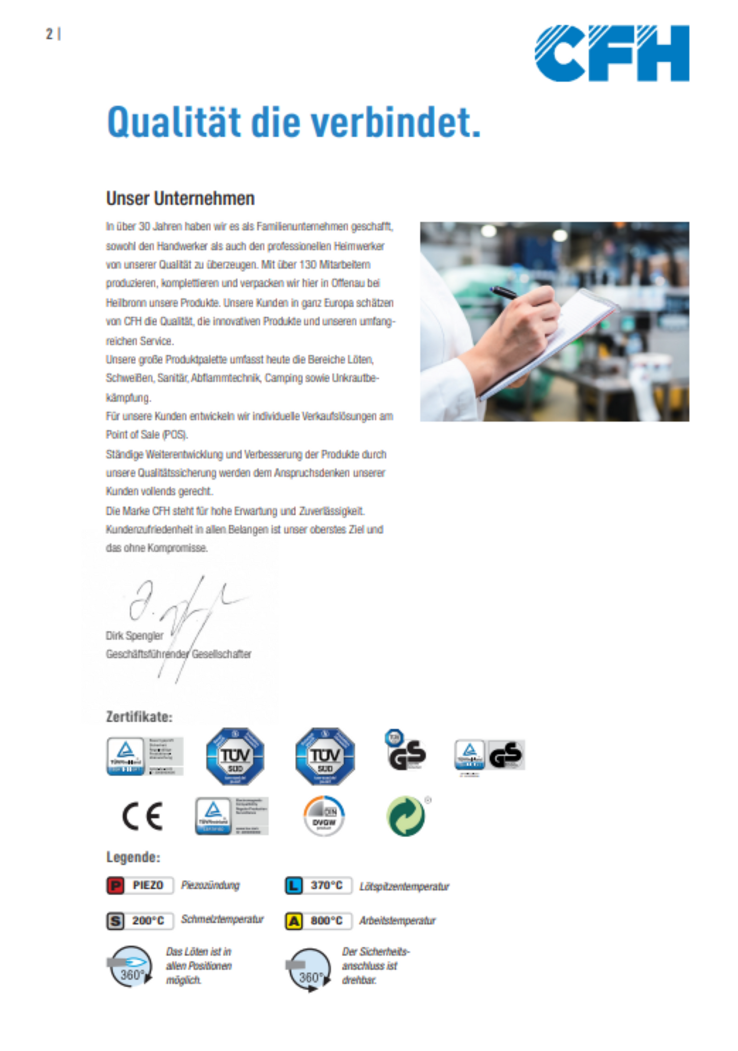 Eine deutsche Prospektseite zeigt das CFH-Logo, die Überschrift "Qualität die verbindet", eine Beschreibung der CFH Lötlampe LM 2000 - 521163 der CFH Löt- und Gasgeräte GmbH, eine Unterschrift sowie die Logos der TÜV-, GS- und ISO-Zertifizierung am unteren Rand.
