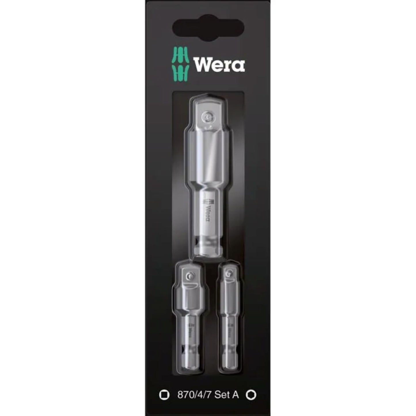 Eine schwarze Wera Werkzeugschaftset 870/4/7 Set 3-teilig-Verpackung zeigt drei metallische Schraubendreher-Bithalter unterschiedlicher Länge, vertikal angeordnet unter einer klaren Kunststoffabdeckung. Marke: Wera.