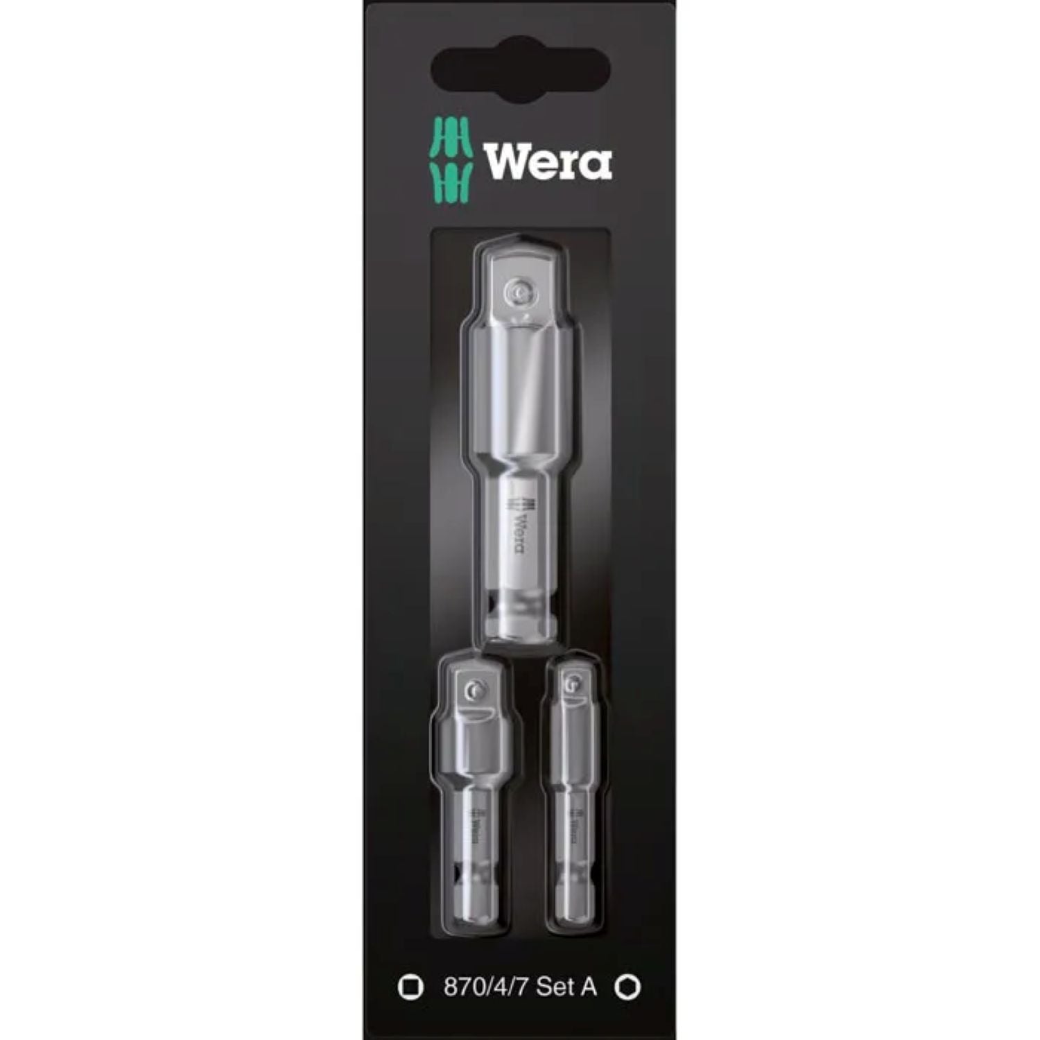 Eine schwarze Wera Werkzeugschaftset 870/4/7 Set 3-teilig-Verpackung zeigt drei metallische Schraubendreher-Bithalter unterschiedlicher Länge, vertikal angeordnet unter einer klaren Kunststoffabdeckung. Marke: Wera.