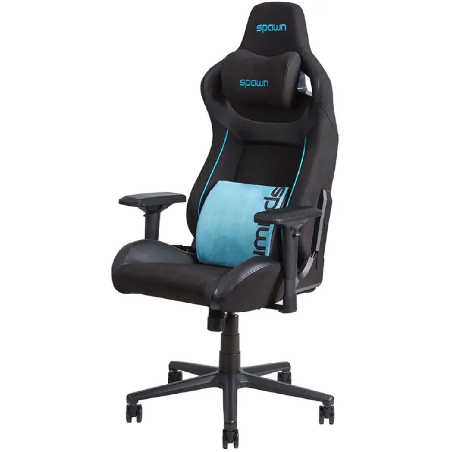 Der Spawn Gaming Stuhl "schwarz" von Spawn hat ein schwarz-blaues Design, eine verstellbare Rückenlehne, verstellbare Armlehnen, eine hohe Rückenlehne, ein Kopfkissen, eine Lendenwirbelstütze, ein Fünf-Rad-Fußkreuz und den Aufdruck "Spawn" auf Kopfstütze und Kopfkissen.