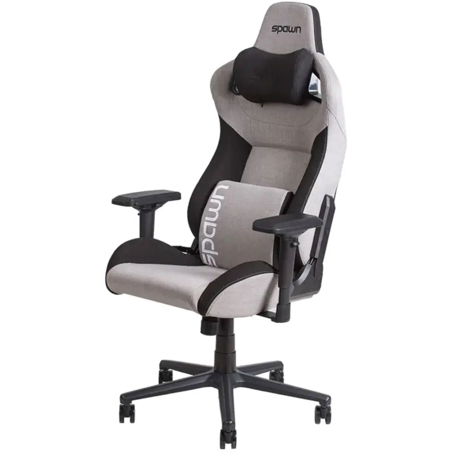Der graue Spawn Gaming Stuhl "grau" von Spawn verfügt über verstellbare Armlehnen, eine hohe Rückenlehne, ein Lendenstützkissen und ein fünfrädriges Untergestell. Auf dem Sitz und der Kopfstütze dieses ergonomischen Gaming-Stuhls ist "Spawn" aufgedruckt.
