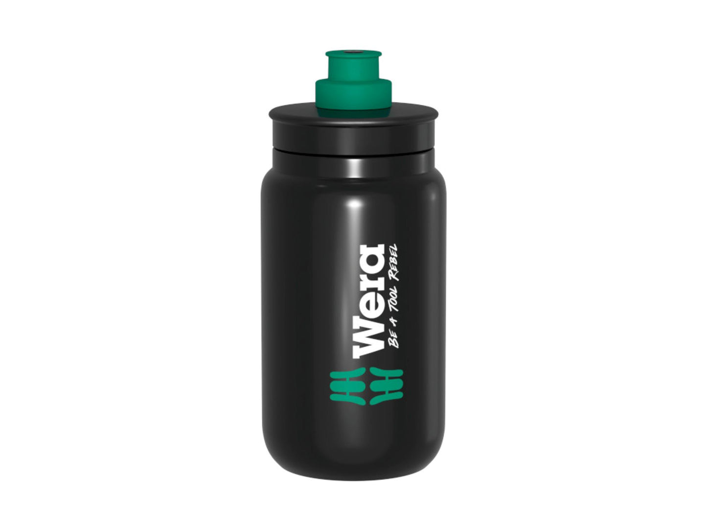 Eine schwarze Wasserflasche mit grünem Deckel und Ausgießer, auf der das Wera-Logo und der Slogan "Be a Tool Rebel" in Weiß und Grün abgebildet sind, inspiriert von dem Wera Kraftform XL Bottle Set Werkzeugset - 05100028001 von Wera.