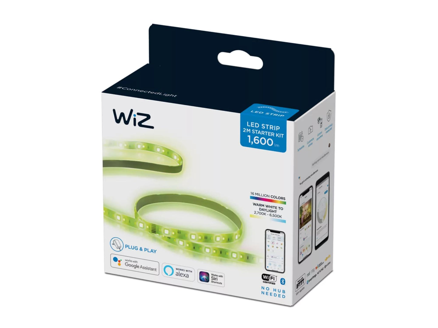 Eine WiZ LED Strip 2m Box von WiZ mit 1.600 Lumen, intelligenter Lichtsteuerung, 16 Millionen Farben, Plug & Play Einrichtung, Smart Home Kompatibilität und einer Verpackung, die den LED Strip und die mobile App zeigt.