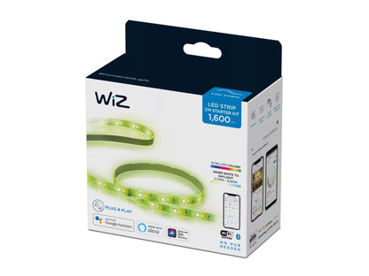 Eine WiZ LED Strip 2m Box von WiZ mit 1.600 Lumen, intelligenter Lichtsteuerung, 16 Millionen Farben, Plug & Play Einrichtung, Smart Home Kompatibilität und einer Verpackung, die den LED Strip und die mobile App zeigt.