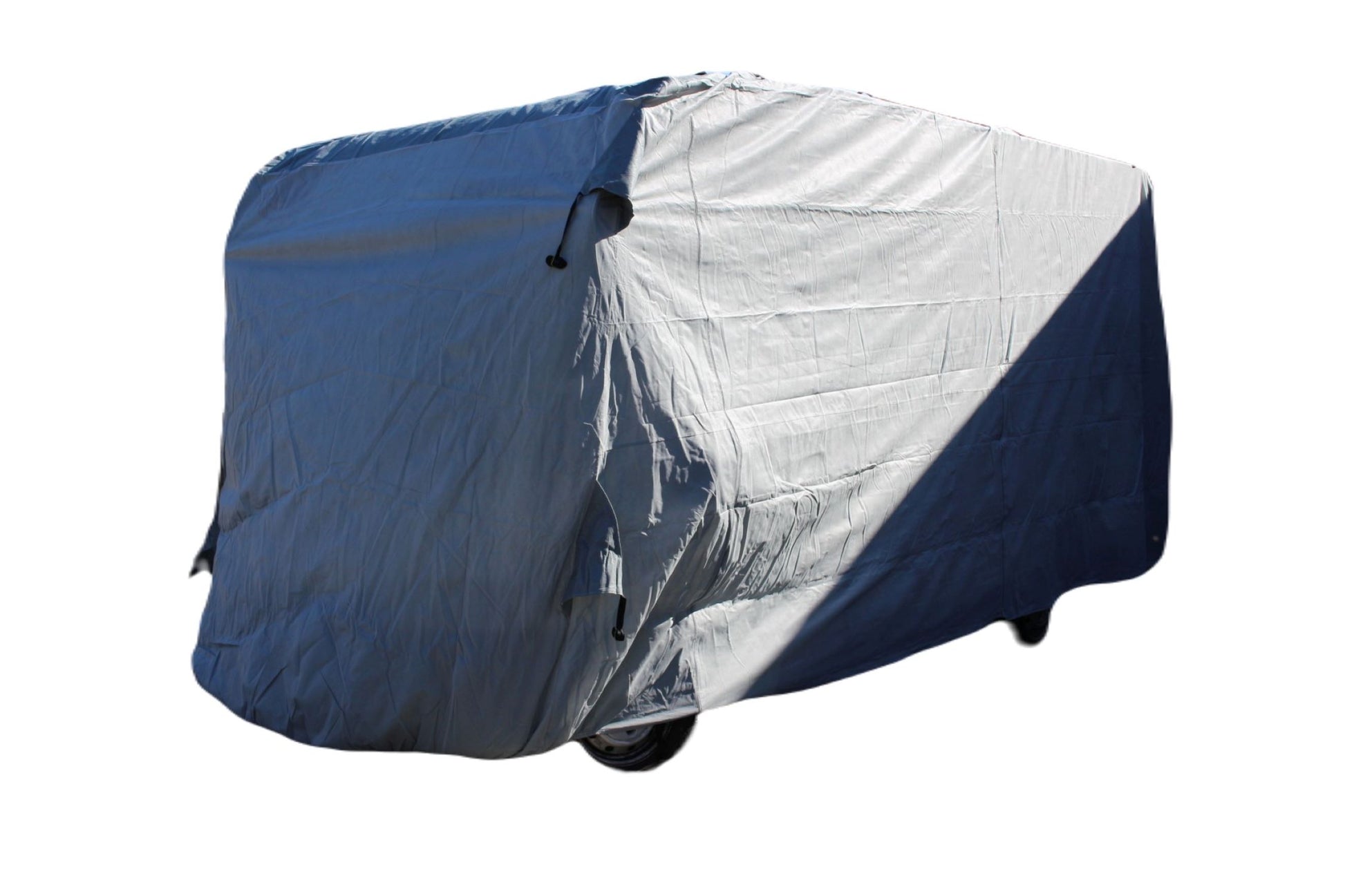 Eine XL HC Outdoor Wohnmobil Abdeckplane (870 x 235 x 275 cm) in Grau deckt ein großes Wohnmobil vollständig ab, so dass nur dessen Umrisse und Teile der Räder vor einem weißen Hintergrund sichtbar sind.